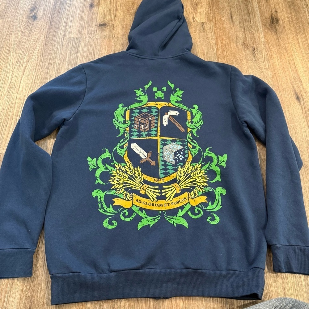 RARE Think Geek Minecraft Hoodie Blue Graphic Long Sleeve Zip Up E2 Sz Med 2012